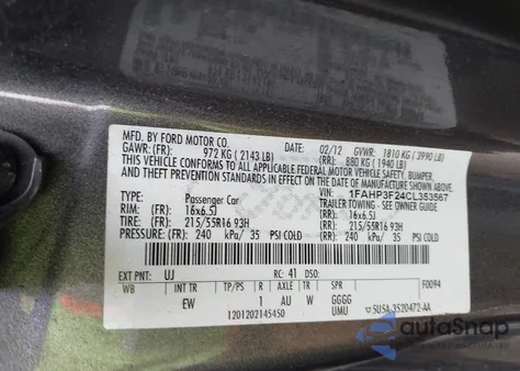 2012 Ford Focus Se from USA, damaged, VIN 1FAHP3F24CL353567